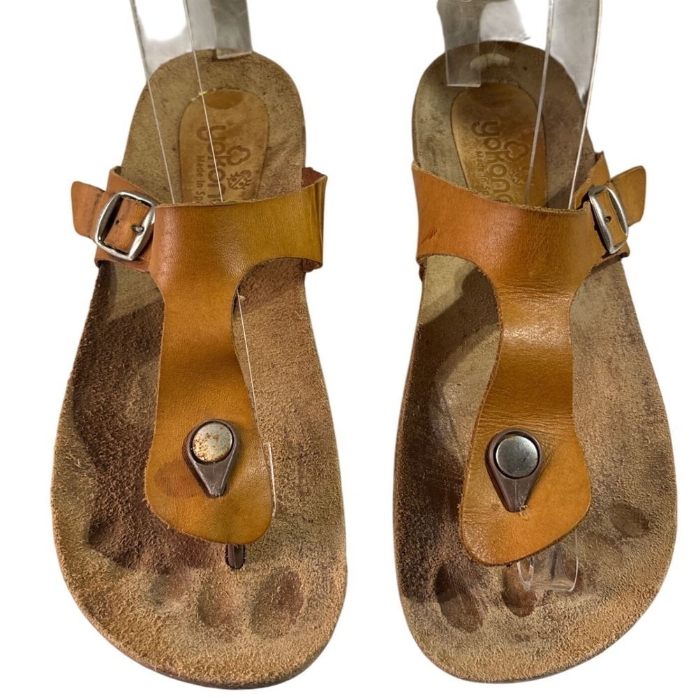 Yokono Made in Spain Tan‎ Leather Thong Sandals Buckle T-Strap Comfort Slides